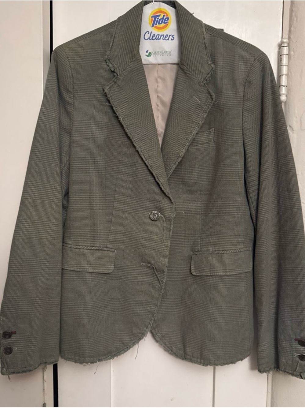 Frayed Edge Plaid Olive Blazer Jacket